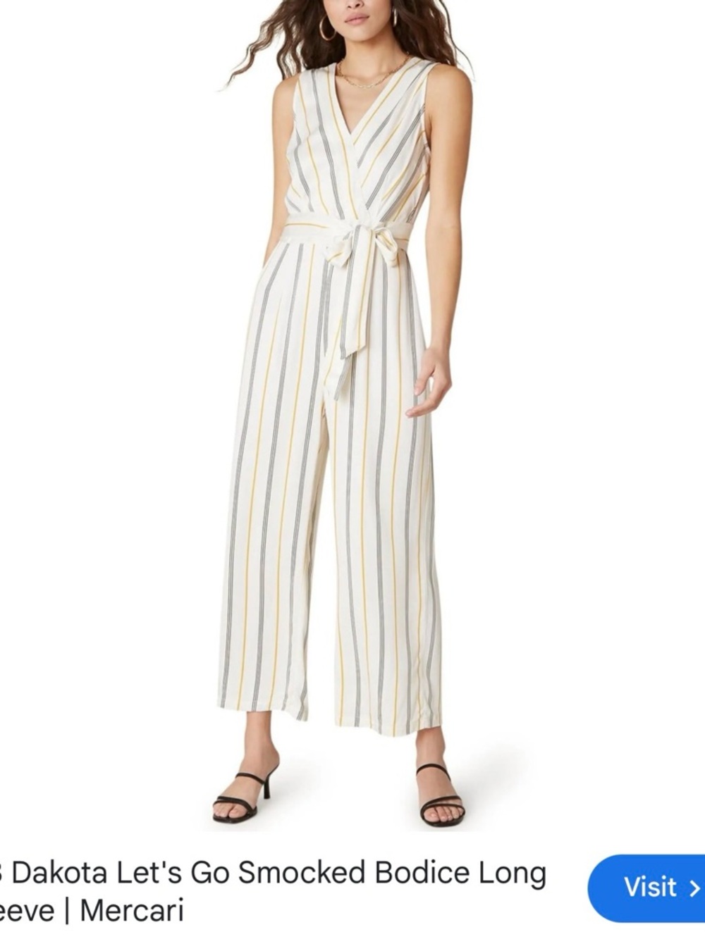 BB Dakota Striped Sleeveless Tie-Waist Jumpsuit in Ivory, Gray & Yellow